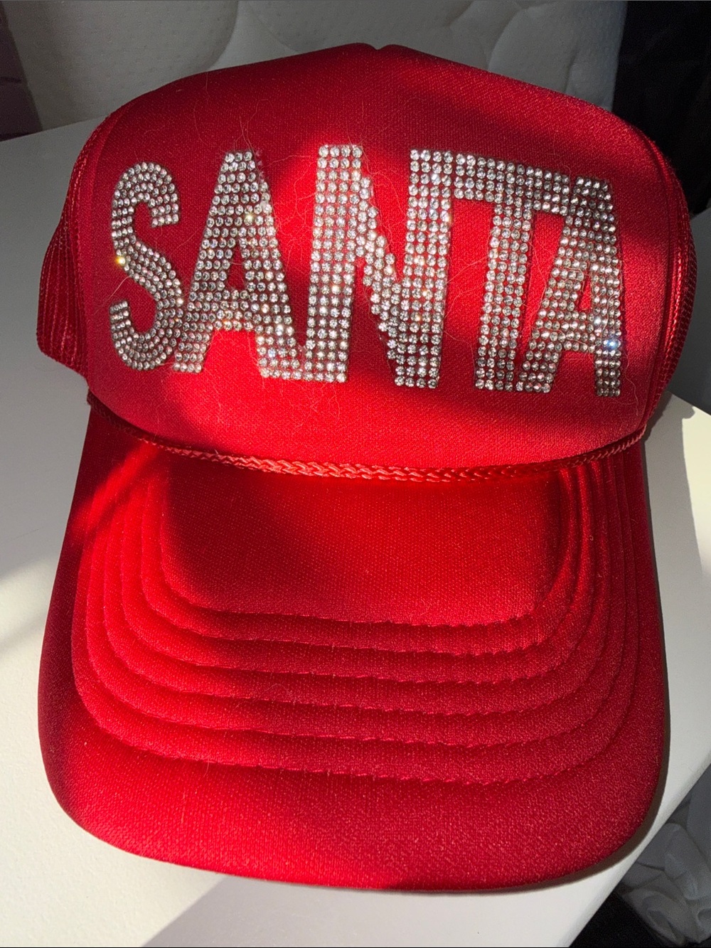 Red 'SANTA' Rhinestone Trucker Hat